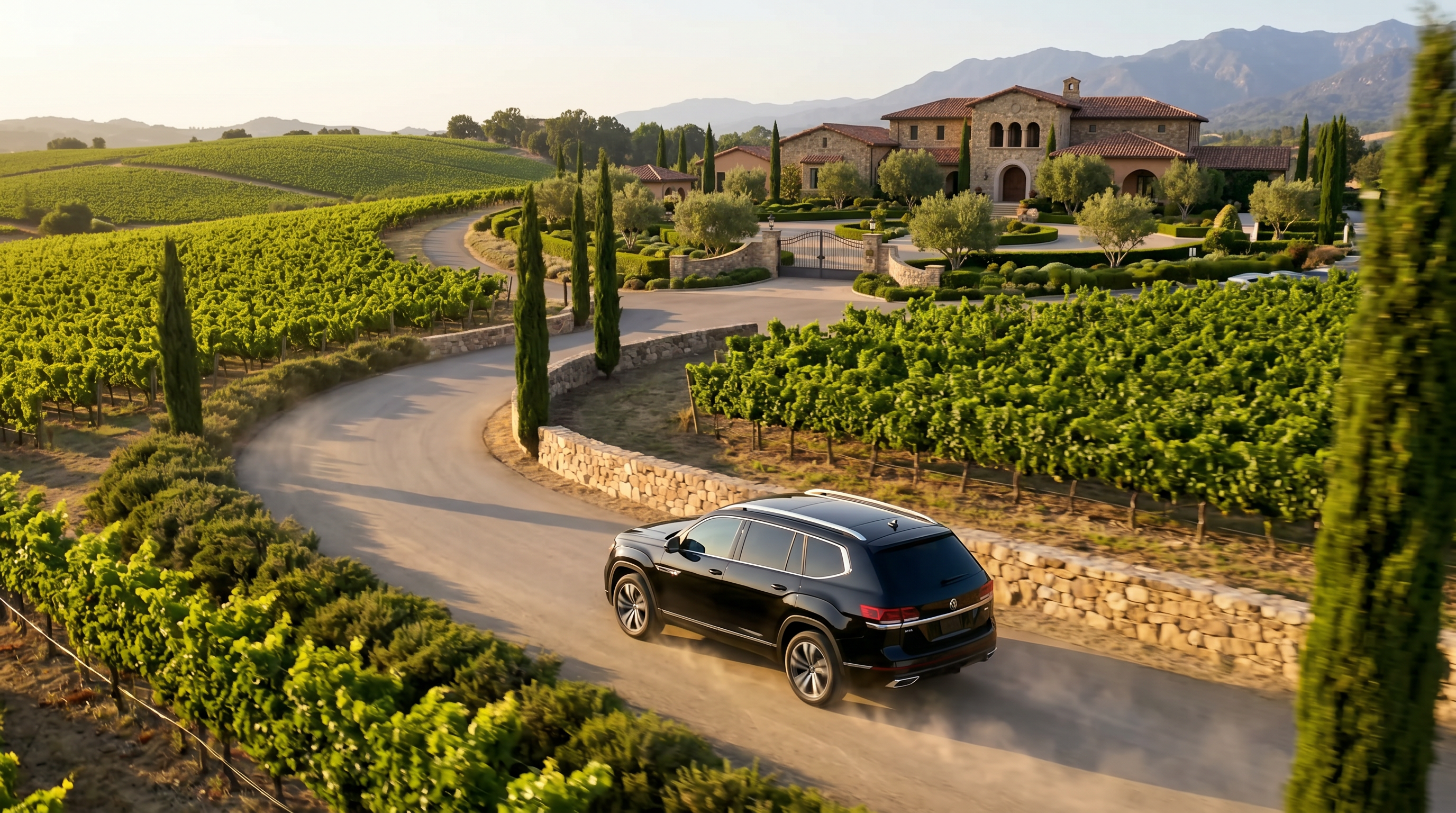 Luxury SUV approaching a Virginia vineyard estate